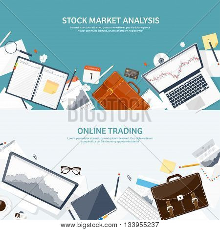 Vector illustration. Flat background. Market trade. Trading platform , account. Moneymaking, business. Analysis. Investing. EPS10 format.