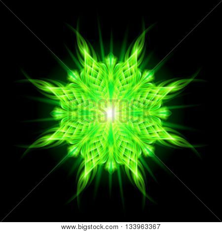 Green flamy fiery fire round ornate braid decorative floral round pattern on the black background. Eight patterns in different directions.