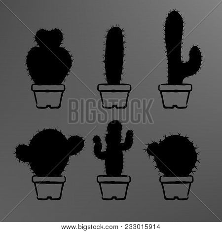 Black Cactuses In A Pots Set. Cactus Silhouette. Vector Illustration On A Gray Background