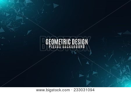 Abstract Background Of Flying Geometric Particles On A Dark Background. Glowing Connected Triangles.