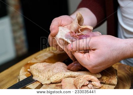 Female Hands Cook Raw Duck Close