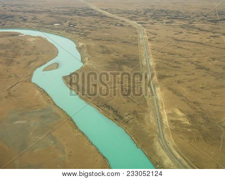 Aerial Photo Of Sinuous, Winding River With Exotic Colors. El Calafate, Patagonia, Argentina