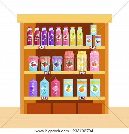 Assortment Of Fresh Juice, Milk And Jogurt Natural Food Farm Products Concept Vector Illustration