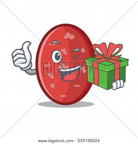 With Gift Salami Mascot Cartoon Style Vector Illustration