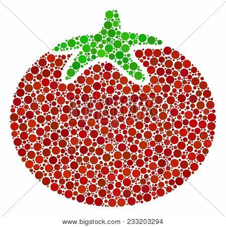 Tomato Vegetable Mosaic Of Round Dots In Various Sizes And Color Hues. Circle Dots Are Grouped Into 