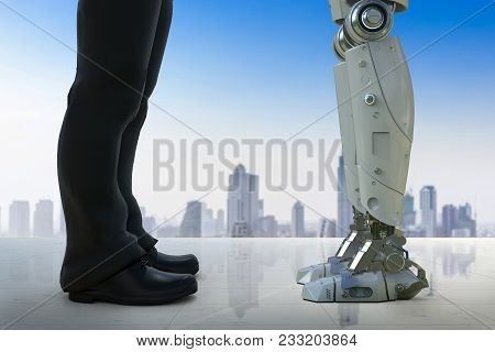 3d Rendering Businessman Standing With Robot In City