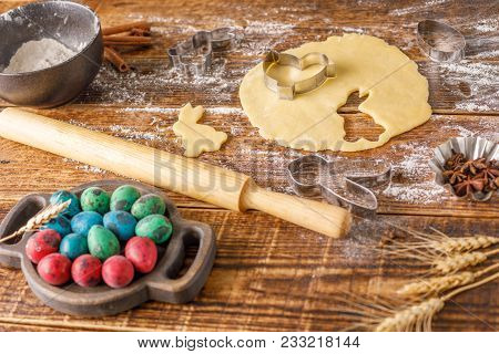 Still-life On A Wooden Background. Preparation For Baking The Curly Cookies For Easter. View From Ab