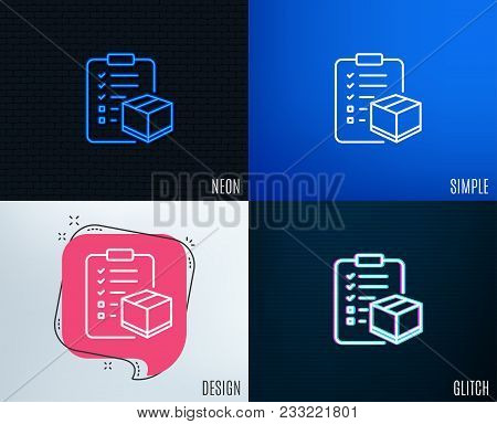 Glitch, Neon Effect. Parcel Checklist Line Icon. Logistics Check Sign. Package Control Symbol. Trend