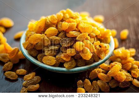 A Sweet Dried Fruit Golden Raisins Or Vitis Vinifera L. Var. Apyrena , Kishmish Or Zante Currant On 