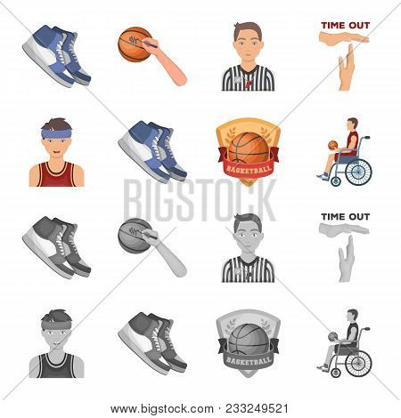 Basketball And Attributes Cartoon, Monochrome Icons In Set Collection For Design.basketball Player A