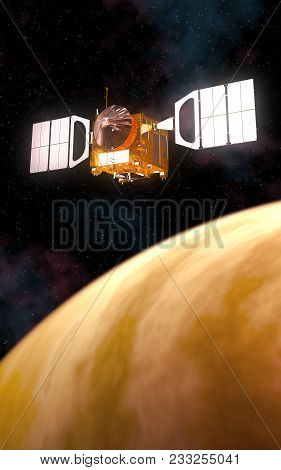 Interplanetary Space Station Orbiting Yellow Planet. 3d Illustration.