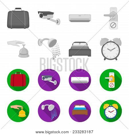 Call At The Reception, Alarm Clock, Bed, Shower.hotel Set Collection Icons In Monochrome, Flat Style