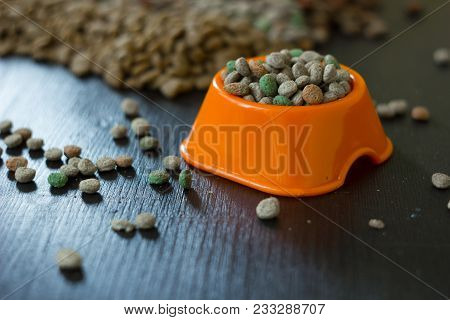 Plastic Bowl With Dry Pet Food On Black Wooden Board
