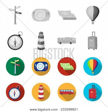 Vacation, Travel, Lighthouse, Compass .rest And Travel Set Collection Icons In Monochrome, Flat Styl