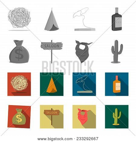 Bag Of Money, Saloon, Cowboy Kerchief, Cactus. Wild West Set Collection Icons In Monochrome, Flat St