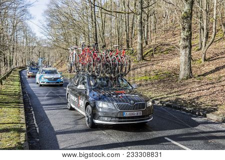 Cote De Senlisse,, France - March 5, 2017: The Technical Car Of Trek-segafredo Team Driving In The C