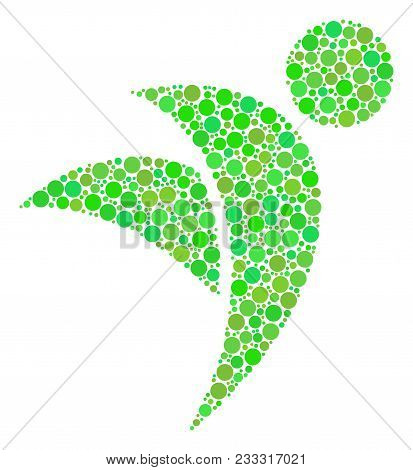 Winged Man Mosaic Of Dots In Different Sizes And Green Color Tones. Vector Filled Circles Are Compos
