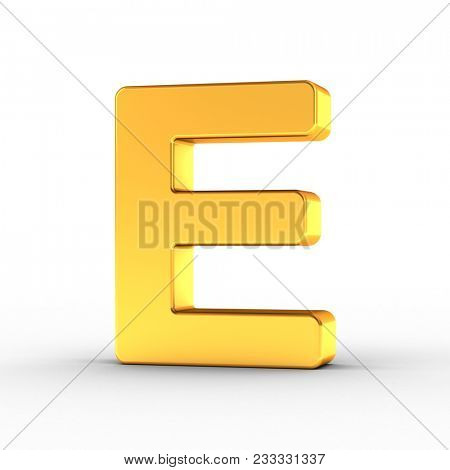 3D Illustration of the Letter E as a polished golden object over white background with clipping path for quick and accurate isolation.