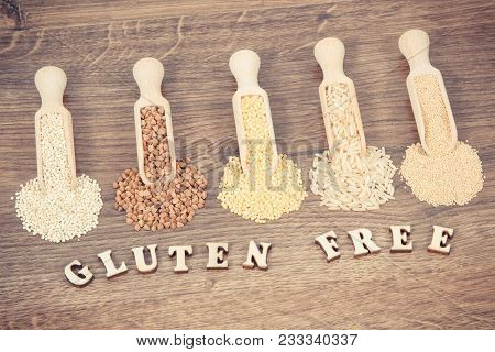 Vintage Photo, Inscription Gluten Free And Fresh Nutitious Ingredients With Scoop, Concept Of Health