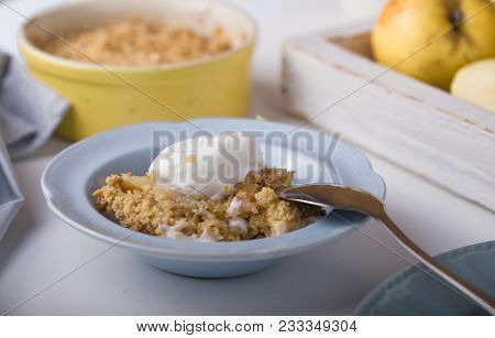 Homemade Apple Cramble Cake With Fresh Apples And Ice  On Rustic White  Stone Background