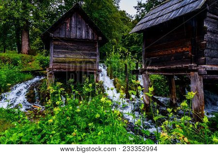 Small Wooden Houses In The City Of Jajce In Bosnia