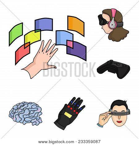 A Virtual Reality Cartoon Icons In Set Collection For Design. Modern Technology And Equipment Vector