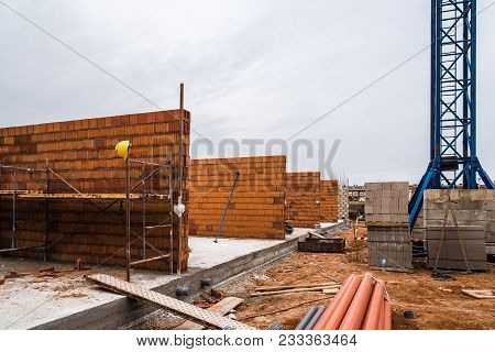 Works Of Construction Of Thermal Clay Block Walls In Construction Site