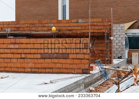 Works Of Construction Of Thermal Clay Block Walls In Construction Site