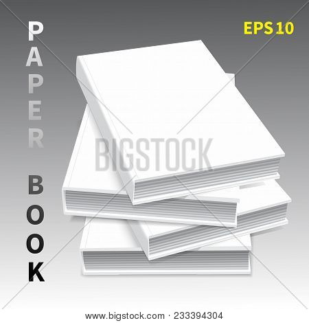 A Pile Of Four Hardcover Books. White Color. A Layout For The Design Of Book Covers. On A White Back