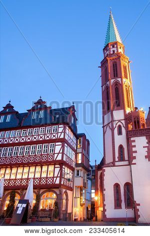 Restaurant And Old Nikolai Church At Romerberg Square, The Old Town Center, Frankfurt, Hesse, German