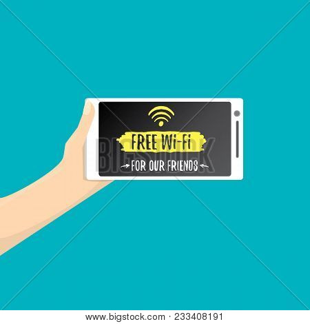 Hand Holding White Smart Phone With Free Wi-fi Sign On Touch Screen Isolated On Azure Background. Ve