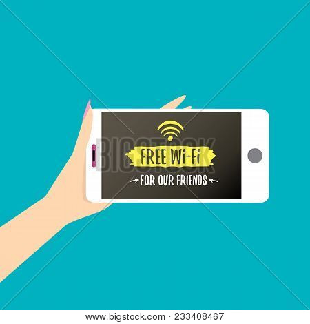 Hand Holding White Smart Phone With Free Wi-fi Sign On Touch Screen Isolated On Azure Background. Ve