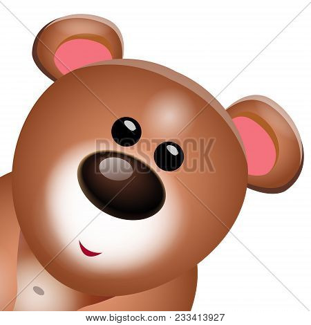 Sweet Teddy Bear Cartoon Portrait On White Background.