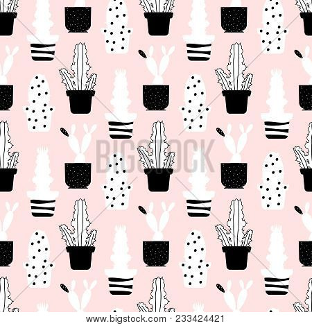 Abstract Plants Seamless Pattern - Scandinavic Style Cactuses Texture. Vector Illustration