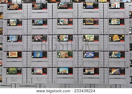 Taipei, Taiwan - February 20, 2018: A Studio Shot Of Super Nintendo Games Shot From Above.