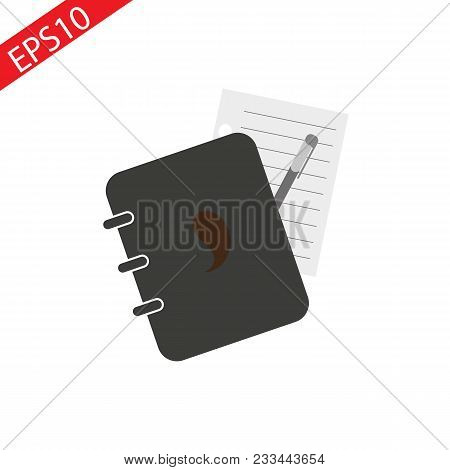 Notepad Symbol. Simple Flat Icon Of Paper And Pen. Notebook With Some Text. Vector Illustration