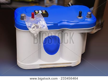 A High Perfomace Agm Battery. Close Up.