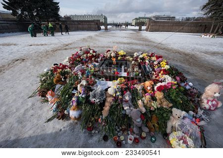 Day Of Mourning. The Tragedy In Kemerovo. Laying Flowers
