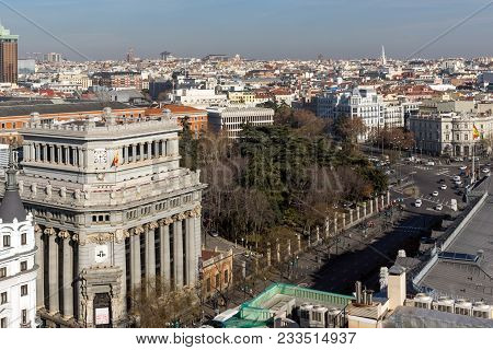 Madrid, Spain - January 24, 2018:  Panoramic View Of City Of Madrid From Circulo De Bellas Artes, Sp