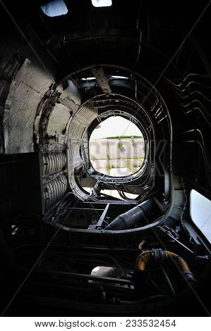 The Internal Structure Of The Old Fighter Aircraft, Rustypart Of Plave From Inside, Old Nozzle Of Ru