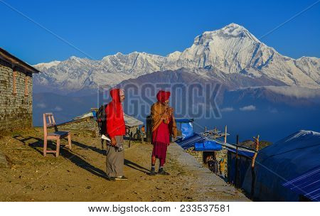Shikha, Nepal - Oct 24, 2017. Local People Standing On Mountain At Khopra Village In Shikha, Nepal.