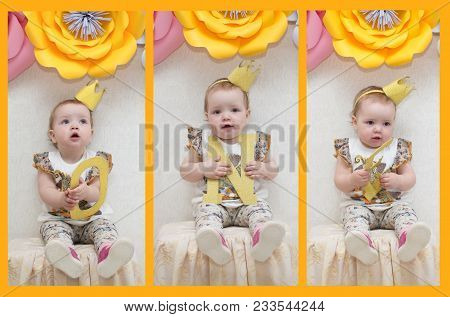 Stock Foto Collage Birthday One Year.the Birthday Of The Girl Is One Year. First Anniversary