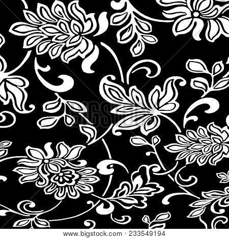 Floral White Pattern On A Black Background.flower Pattern.