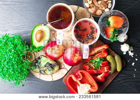 English Health Breakfast For Two, Quail Eggs And Fresh Vegetables, Cheese, Nuts, Avokado, Sandwich W