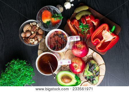 English Health Breakfast For Two, Quail Eggs And Fresh Vegetables, Cheese, Nuts, Avokado, Sandwich W