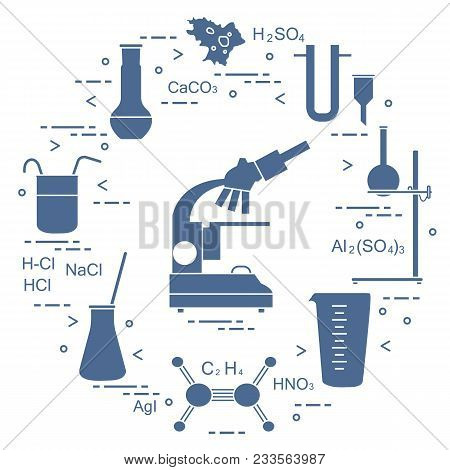 Chemistry Scientific, Education Elements: Microscope, Flasks, Tripod, Formulas, Beaker, Amoeba, Meas