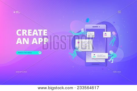 Vector Illustration Of Developers In Spacesuits Putting Blocks To Smartphone While Developing App. H