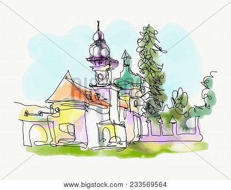 Digital Watercolor Painting Of Little Church In Western Ukraine, Vector Illustration