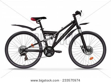 Bicycle Vector Realistic Illustration. Black Metallic Bike Half-face With Many Multiple Details Isol