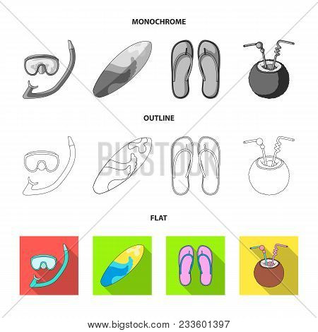 Diving, Surfing, Cocktail.summer Vacation Set Collection Icons In Flat, Outline, Monochrome Style Ve